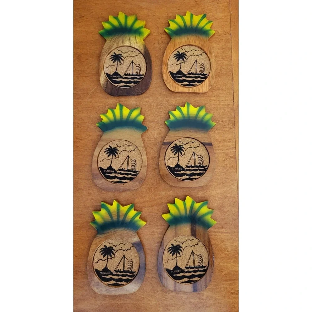 Vintage‎ Pineapple Shaped Cork Coasters w/ Holder Philippines MCM Beach Tiki